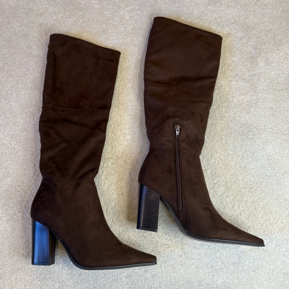 Brown Suede Pointy Toe Heeled Knee High Boots Size 8